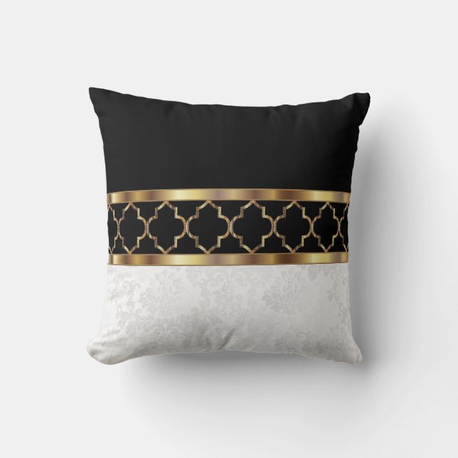 White, Black & Gold Quatrefoil & Damask Pattern2 Cushion (Front)