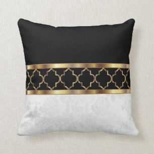 White, Black & Gold Quatrefoil & Damask Pattern2 Cushion