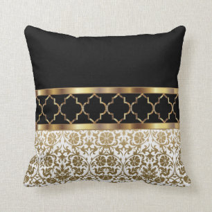 White, Black & Gold Quatrefoil & Damask Pattern Cushion