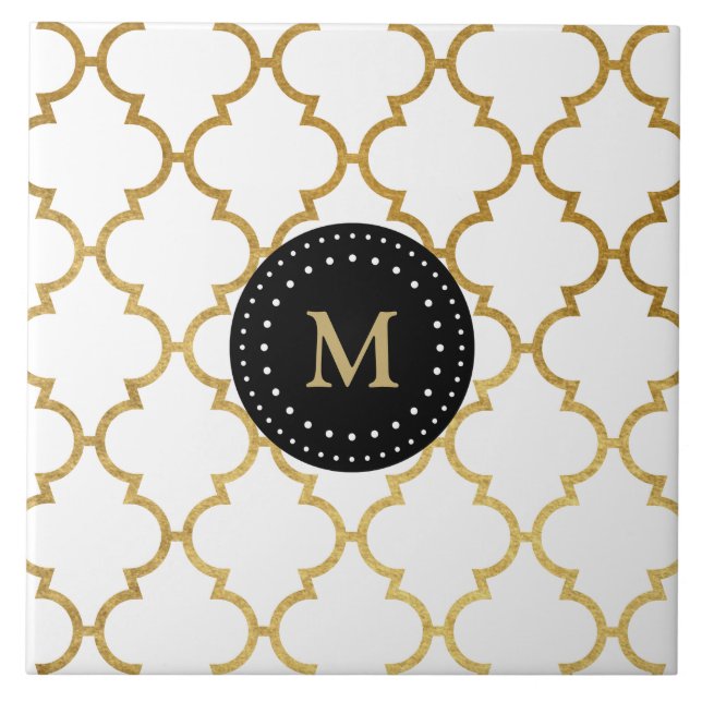 White Black Gold Quatrefoil Pattern Monogrammed Ceramic Tile (Front)