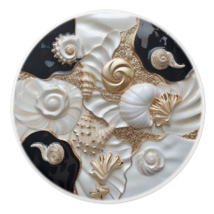 White Black Gold Seashells 3D Effect Ceramic Knob