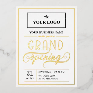 White Black & Gold Wide Logo Grand Opening Foil Invitation Postcard