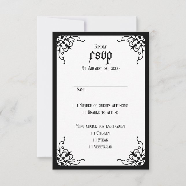 White Black Gothic Wedding RSVP Card (Front)