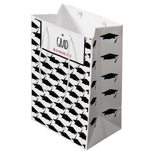 White Black Graduate Graduation Grad Caps Custom Medium Gift Bag (Front Angled)