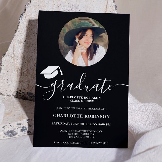 White black graduate script photo graduation invitation (White black graduate script photo graduation invitation)