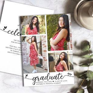 White Black Graduation 4 Photo Calligraphy Hearts Announcement