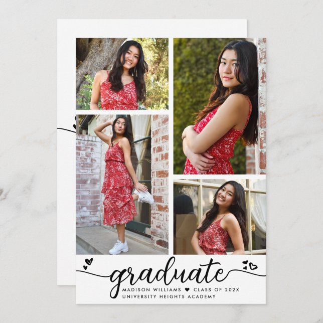 White Black Graduation 4 Photo Calligraphy Hearts Announcement (Front/Back)