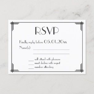 White Black Great Gatsby Art Deco Wedding RSVP Card