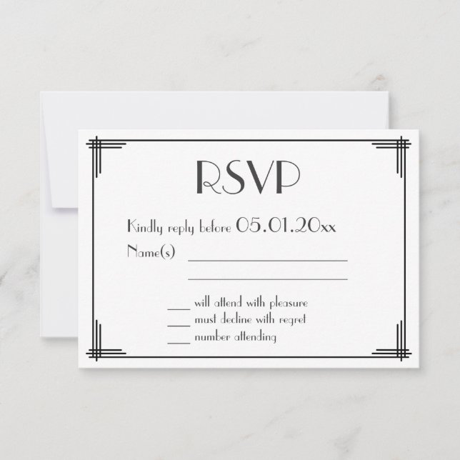 White Black Great Gatsby Art Deco Wedding RSVP Card (Front)