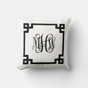 White Black Greek Key Vine Script Monogram DIY BG Cushion