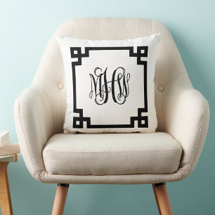 White Black Greek Key Vine Script Monogram DIY BG Cushion