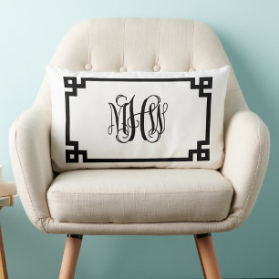 White Black Greek Key Vine Script Monogram DIY BG Lumbar Cushion