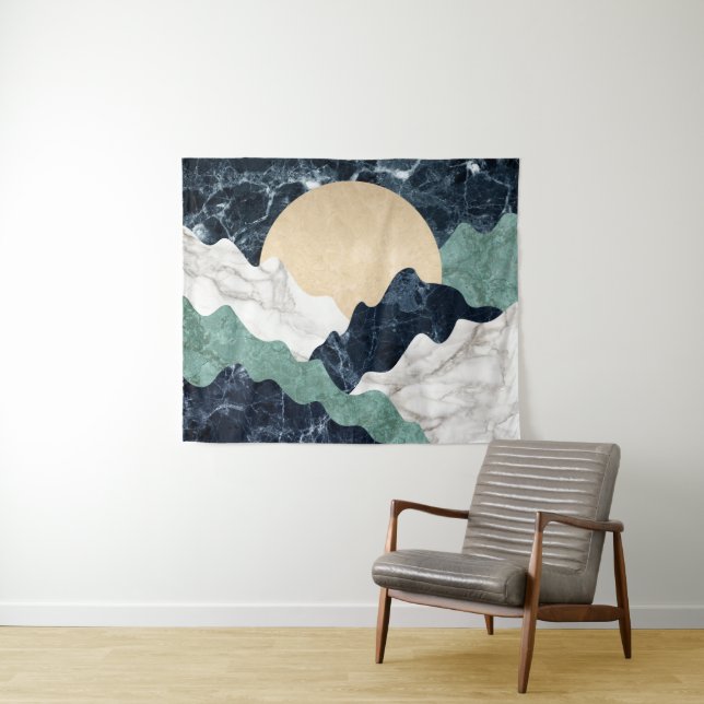 White Black Green Beige Marble Mountains Landscape Tapestry (In Situ (Horizontal))