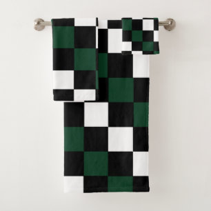 White Black Green Chequerboard  Bath Towel Set