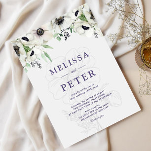 White Black Green Elegant Anemone Wedding Invitation