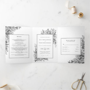 White Black Greenery Wedding Tri-Fold Invitation