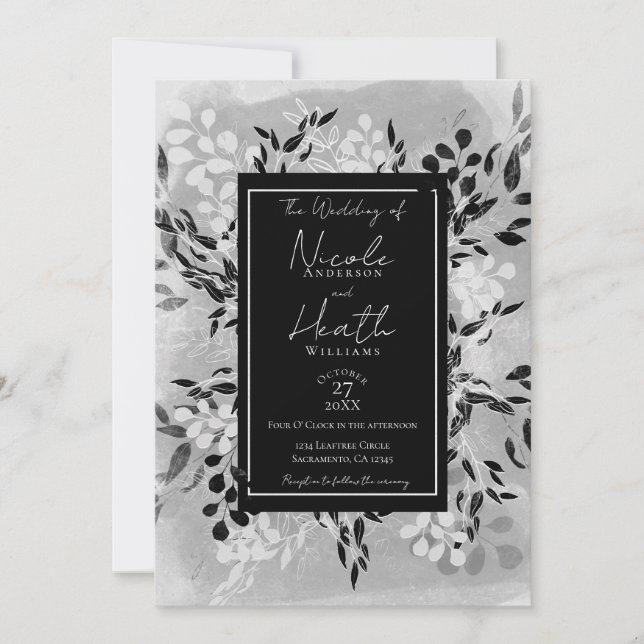 White Black Grey Modern Minimal Floral Wedding   Invitation (Front)