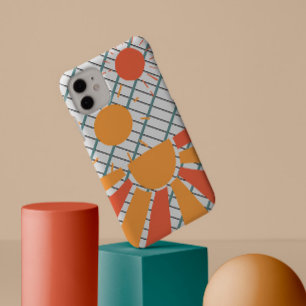 white & black grid Retro red orange Sunset on blue iPhone 15 Pro Max Case