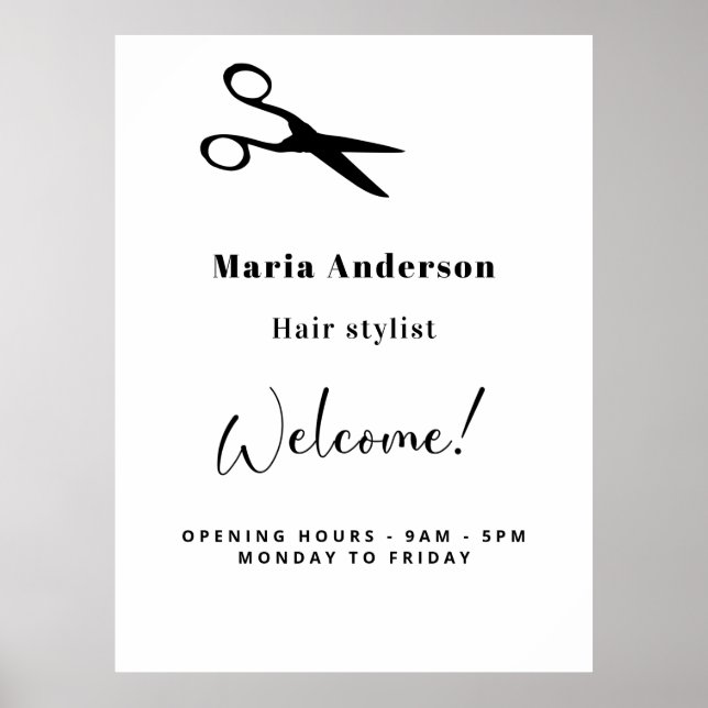 White black hair stylist opening hours welcome poster (Front)