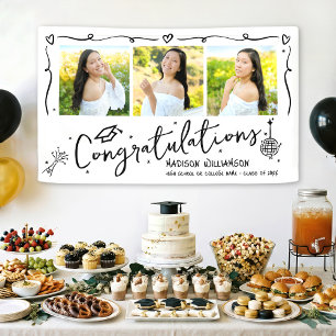 White Black Hand Drawn Doodles Graduation 3 Photo Banner