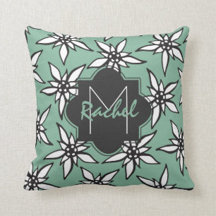 White & Black Hand Drawn Flowers on Teal Monogram Cushion