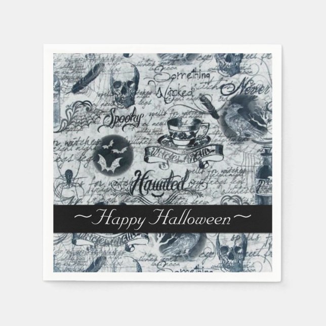 White & Black Haunted Halloween Napkins (Front)