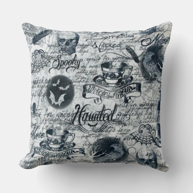 White & Black Haunted Halloween Throw Pillow (Front)