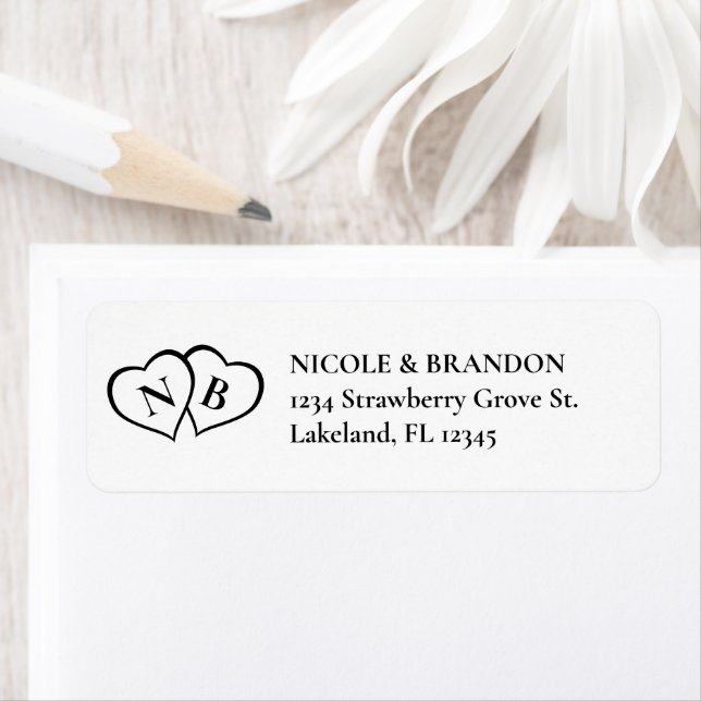 White & Black Heart Monogram Wedding Return Address Label (Insitu)