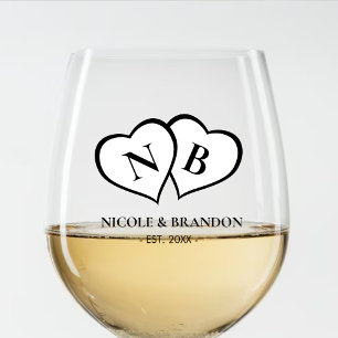 White & Black Heart Monogram Wedding Stemless Wine Glass