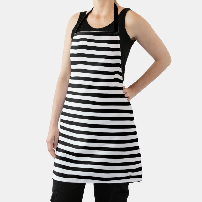 White Black Horizontal Stripe Pattern Stylish Apron (Insitu)