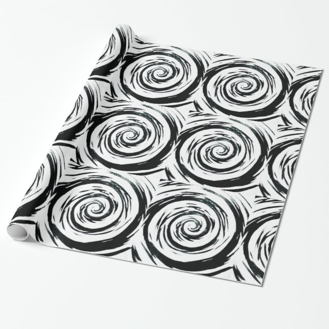 White & Black Hypnotic Swirl Art Wrapping Paper (Unrolled)