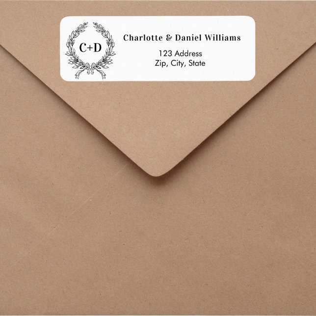 White black initials wreath wedding return address label (Creator Uploaded)
