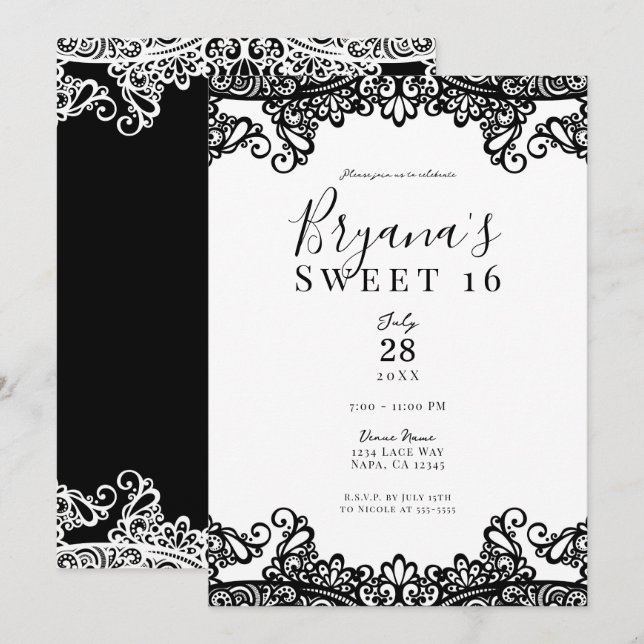 White & Black Lace Elegant Sweet 16 Party Invitation (Front/Back)