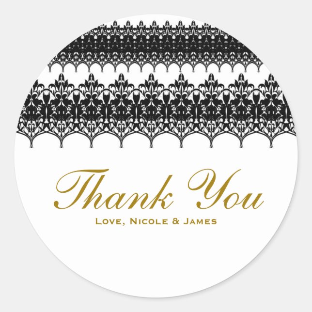 White & Black Lace Look Elegant Wedding Favour Classic Round Sticker (Front)