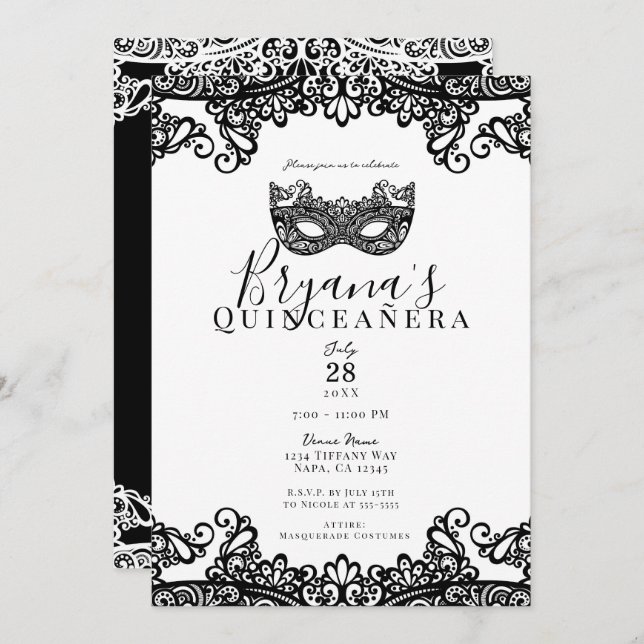 White & Black Lace Masquerade 15th Quinceañera Invitation (Front/Back)