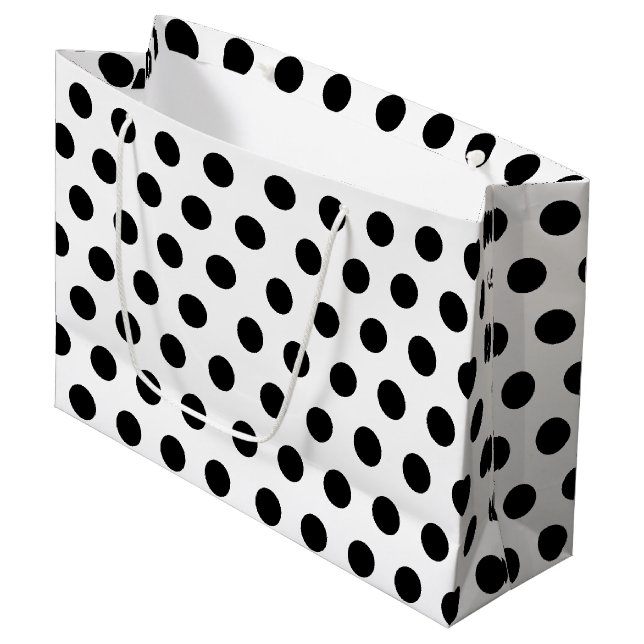 White & Black Large Medium Polka Dot Party Gift Bag (Front Angled)