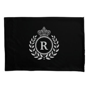 White Black Laurel Wreath Crown Monogram   Royal Pillowcase