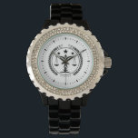 White Black Law Justice Logo Monogram Watch<br><div class="desc">Cool black tones,  elegant justice logo with laurel wreath,  justice scale,  and a customisable name.
It is an elegant design for law officers.</div>