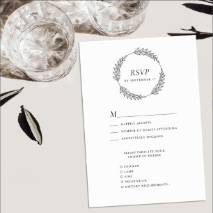 White Black Leaf Wreath Minimalist Wedding RSVP Card