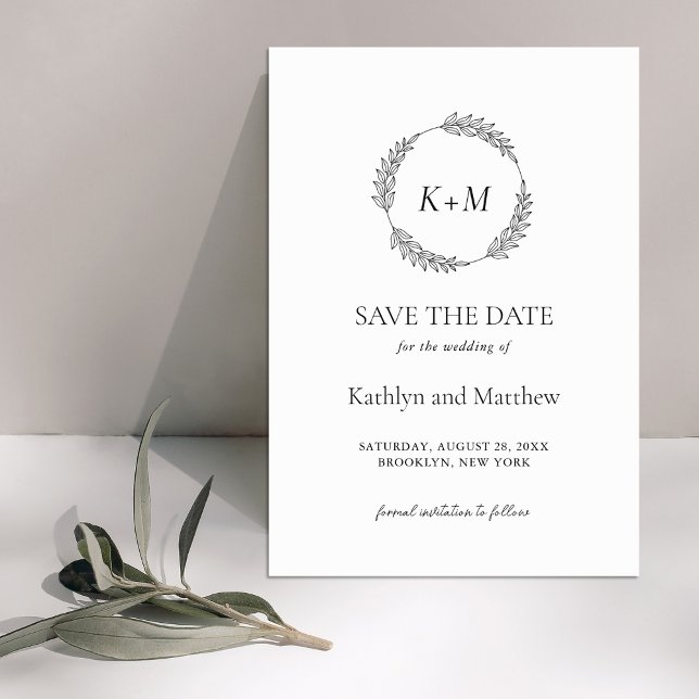 White Black Leaf Wreath Modern Monogram Wedding Save The Date (Creator Uploaded)