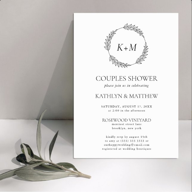 White Black Leaf Wreath Monogram Couples Shower Invitation (Creator Uploaded)