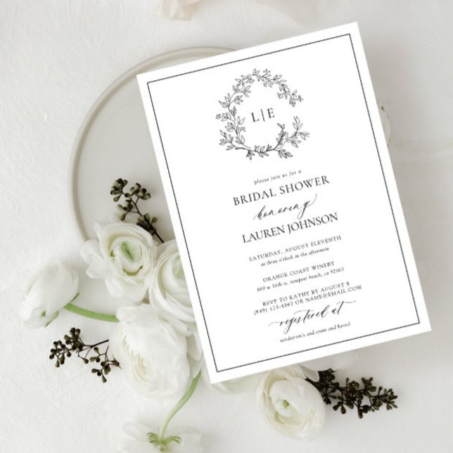 White Black Leafy Crest Monogram Bridal Shower Invitation (Bridal Shower Invitation!)