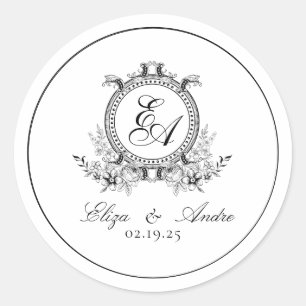 White Black Leafy Crest Monogram Classic Round Sticker
