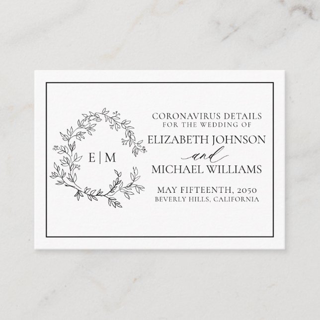 White Black Leafy Crest Monogram Coronavirus Enclosure Card (Front)