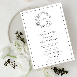 White Black Leafy Crest Monogram Couples Shower Invitation