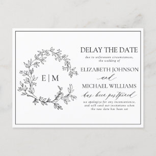 White Black Leafy Crest Monogram Delay The Date Invitation Postcard