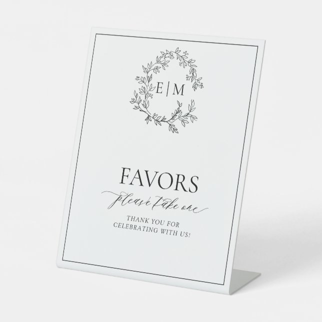 White Black Leafy Crest Monogram Favours Pedestal Sign (Front)