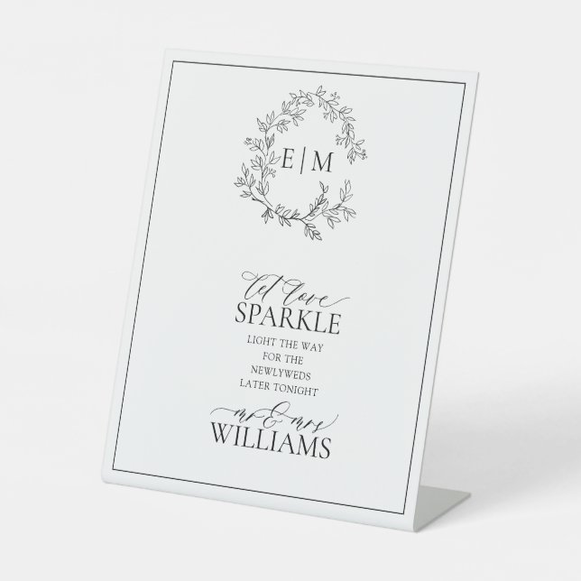 White Black Leafy Crest Monogram Let Love Sparkle Pedestal Sign (Front)