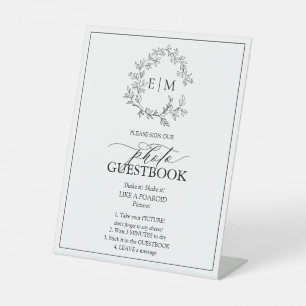 White Black Leafy Crest Monogram Photo Guestbook Pedestal Sign