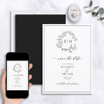 White Black Leafy Crest Monogram Save the Date Invitation<br><div class="desc">Introducing our beautiful White Black Leafy Crest Monogram Save the Date Invitation! This simple and elegant invitation is perfect for your modern save the dates. It features a hand drawn leafy wreath encircling a modern wedding monogram. Personalised in elegant typography, and accented with hand-lettered calligraphy. Finally, it is trimmed in...</div>